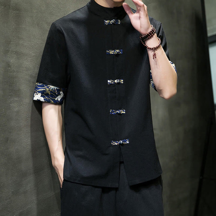 Chemise blanche à manches courtes en coton, motif grue, col montant et boutons grenouille, couleur unie Buddha Stones - image 7