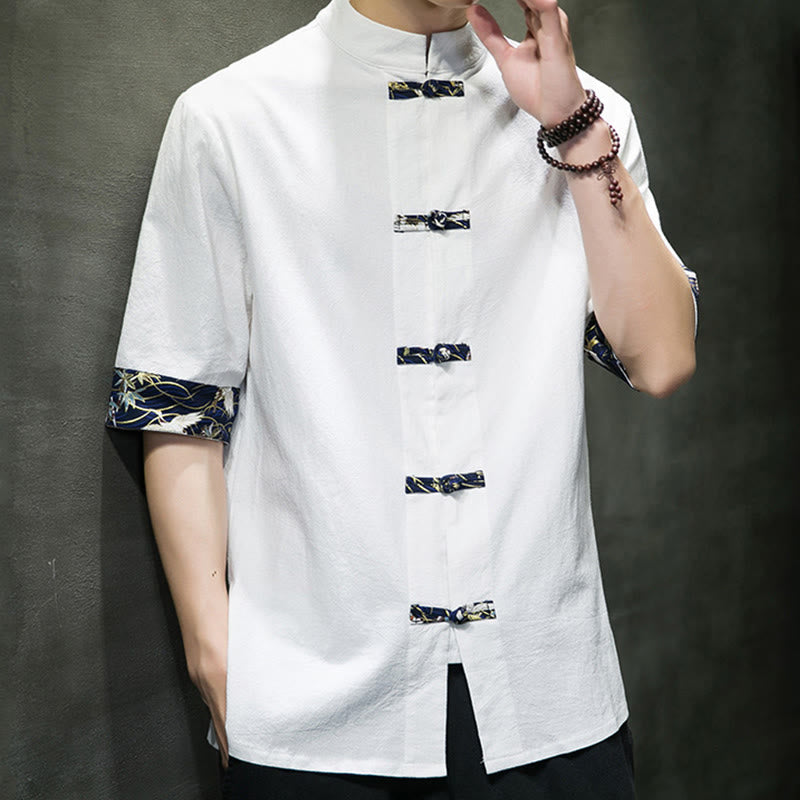 Chemise homme blanche à manches courtes en coton et lin, motif grue, col montant et boutons brandebourg, couleur unie Buddha Stones - image 13