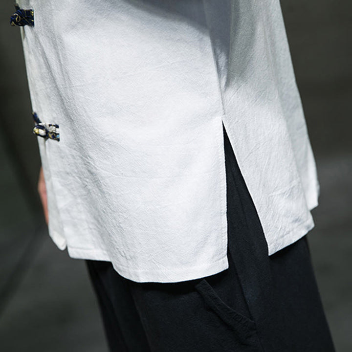 Chemise homme blanche à manches courtes en coton et lin, motif grue, col montant et boutons brandebourg, couleur unie Buddha Stones - image 18