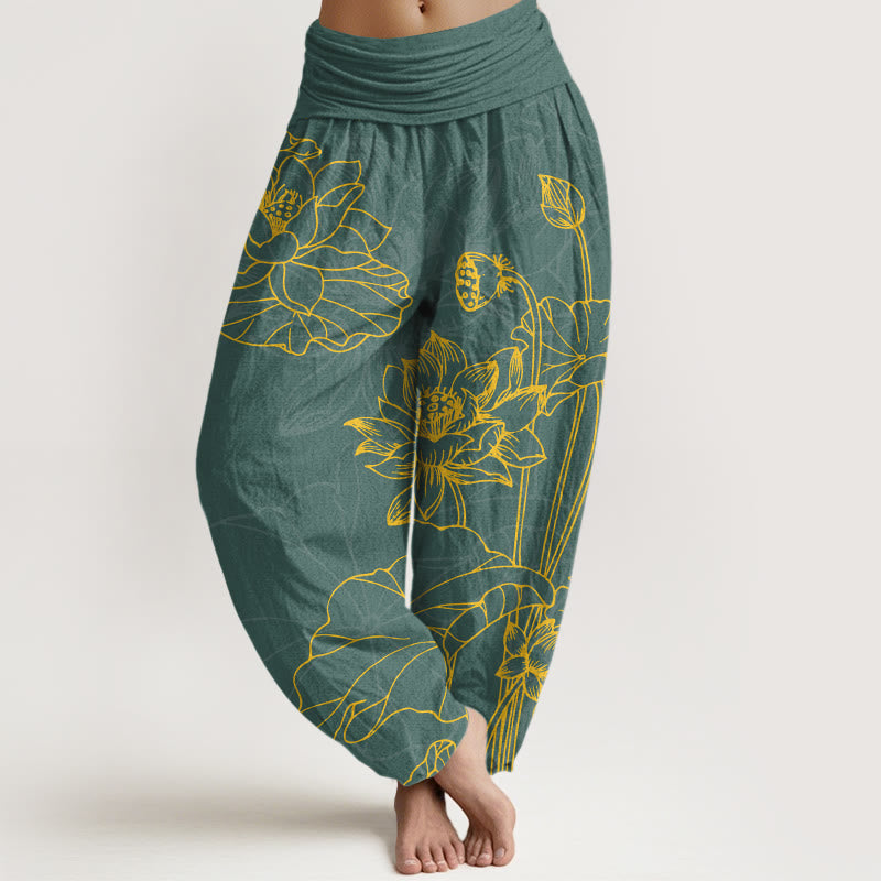 Pantalon harem pour femme en pur coton à taille élastique, motif concis de fleur de lotus et de bourgeon , Buddha Stones - Aigue-marine moyenne - US16，UK/AU20，EU48 (3XL) - image 0