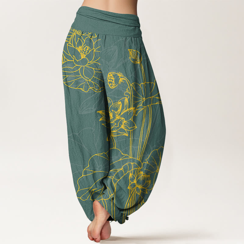 Pantalon harem pour femme en pur coton à taille élastique, motif concis de fleur de lotus et de bourgeon , Buddha Stones - image 1