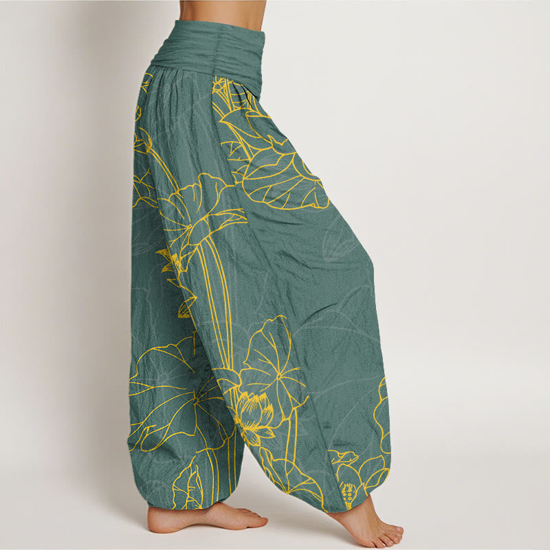 Pantalon harem pour femme en pur coton à taille élastique, motif concis de fleur de lotus et de bourgeon , Buddha Stones - image 2