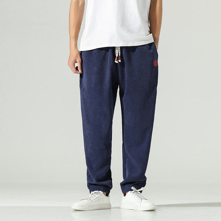 Pantalon harem pour homme avec poches, en velours côtelé uni brodé, motif de Buddha Stones - Bleu nuit - US/UK/AU46，EU56 (5XL) - image 1