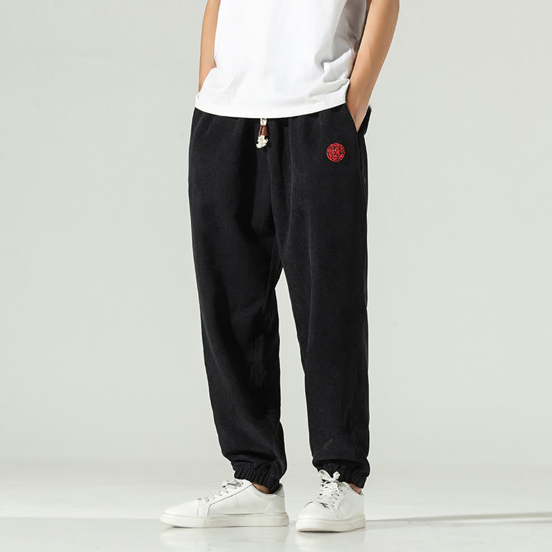 Pantalon harem pour homme avec poches, en velours côtelé uni brodé, motif de Buddha Stones - image 8