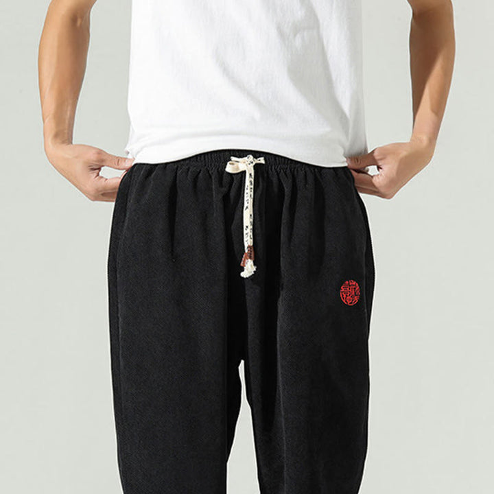Pantalon harem pour homme avec poches, en velours côtelé uni brodé, motif de Buddha Stones - image 12