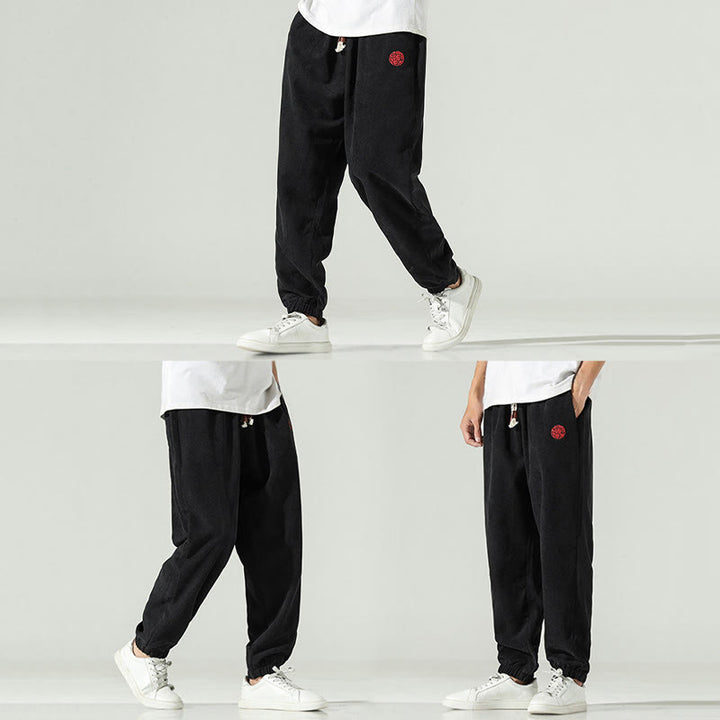 Pantalon harem pour homme avec poches, en velours côtelé uni brodé, motif de Buddha Stones - image 16