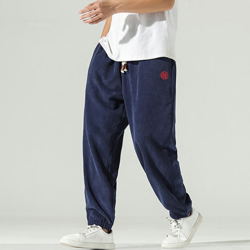 Pantalon harem pour homme avec poches, en velours côtelé uni brodé, motif de Buddha Stones - image 0