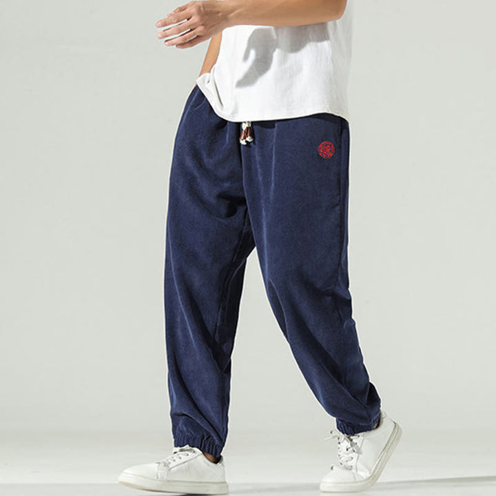 Pantalon harem pour homme avec poches, en velours côtelé uni brodé, motif de Buddha Stones - image 0