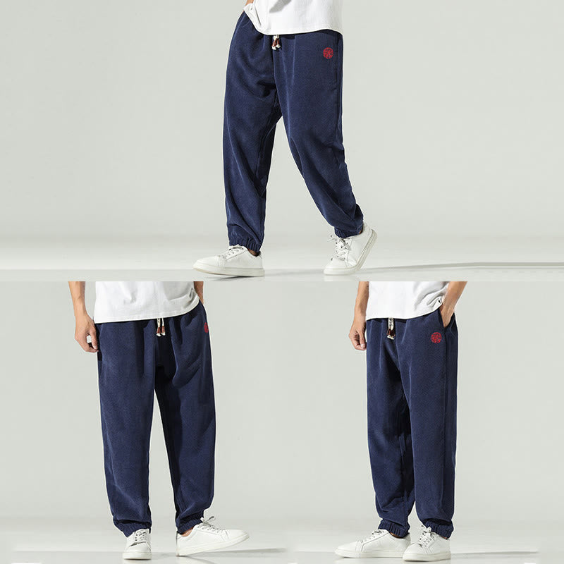 Pantalon harem pour homme avec poches, en velours côtelé uni brodé, motif de Buddha Stones - image 5
