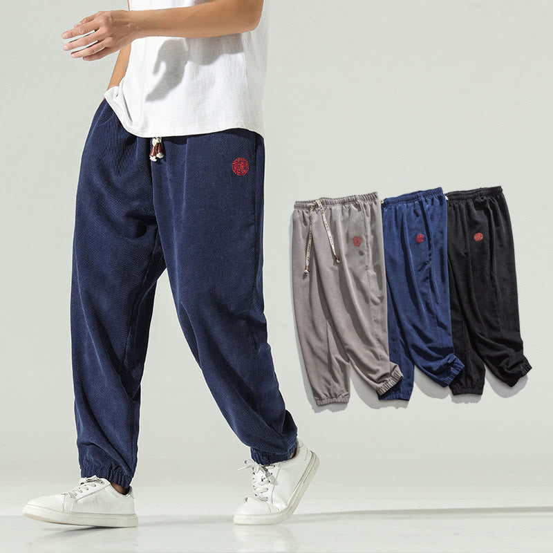 Pantalon harem pour homme avec poches, en velours côtelé uni brodé, motif de Buddha Stones - image 6