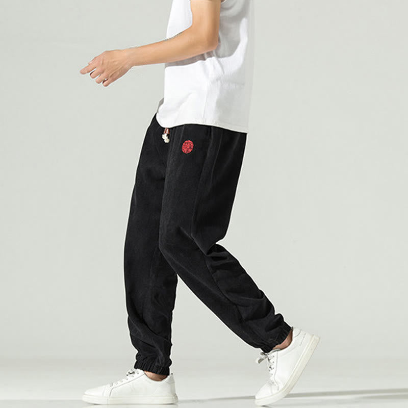 Pantalon harem pour homme avec poches, en velours côtelé uni brodé, motif de Buddha Stones - image 10