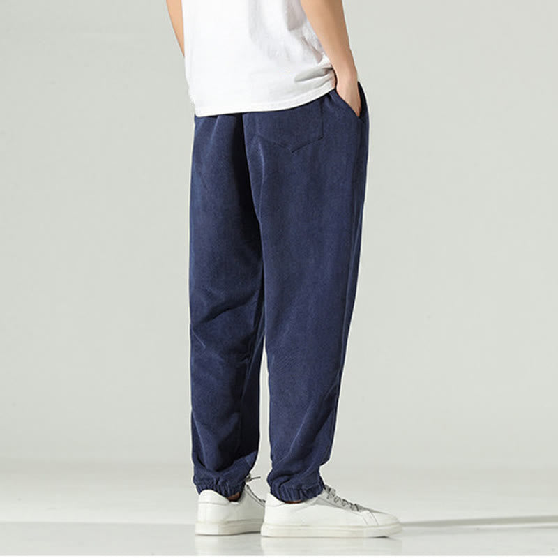 Pantalon harem pour homme avec poches, en velours côtelé uni brodé, motif de Buddha Stones - image 3