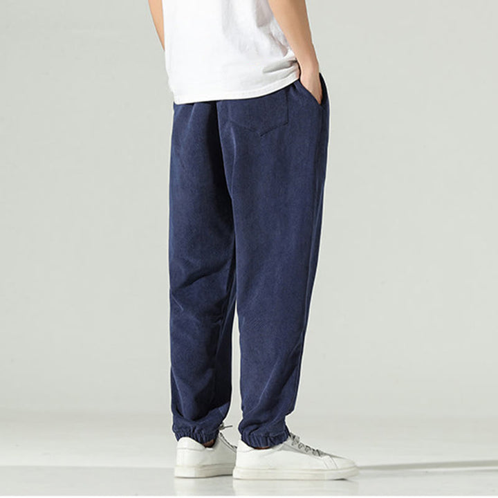 Pantalon harem pour homme avec poches, en velours côtelé uni brodé, motif de Buddha Stones - image 3