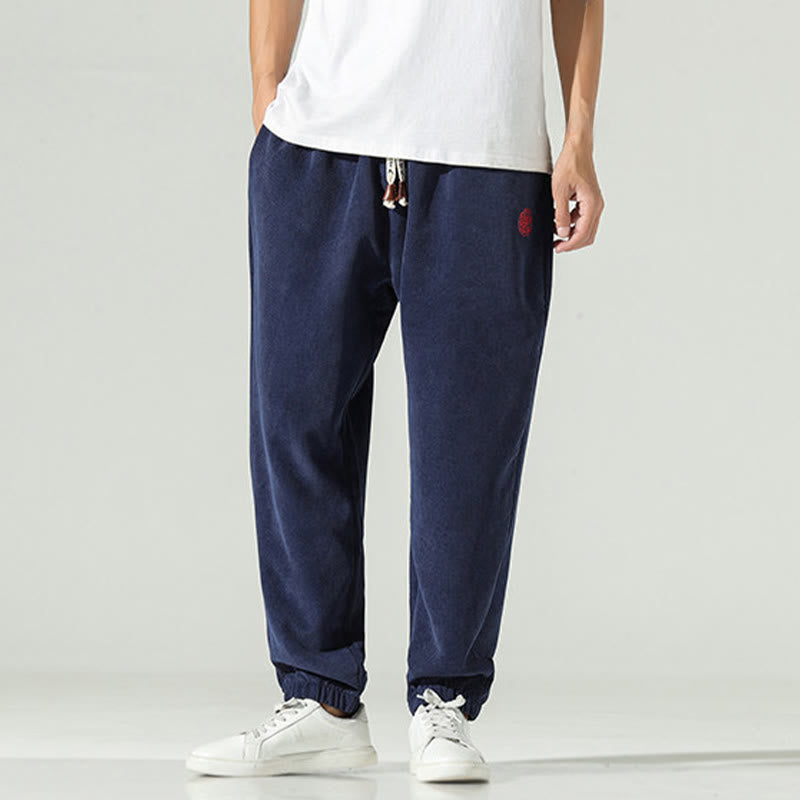 Pantalon harem pour homme avec poches, en velours côtelé uni brodé, motif de Buddha Stones - image 2
