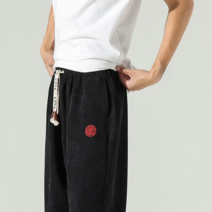 Pantalon harem pour homme avec poches, en velours côtelé uni brodé, motif de Buddha Stones - image 13