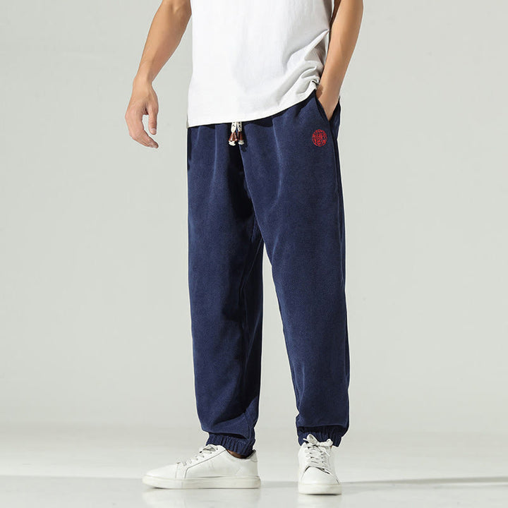 Pantalon harem pour homme avec poches, en velours côtelé uni brodé, motif de Buddha Stones - image 4