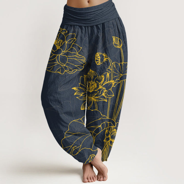 Pantalon harem pour femme en pur coton à taille élastique, motif concis de fleur de lotus et de bourgeon , Buddha Stones - Bleu ardoise foncé - US16，UK/AU20，EU48 (3XL) - image 5