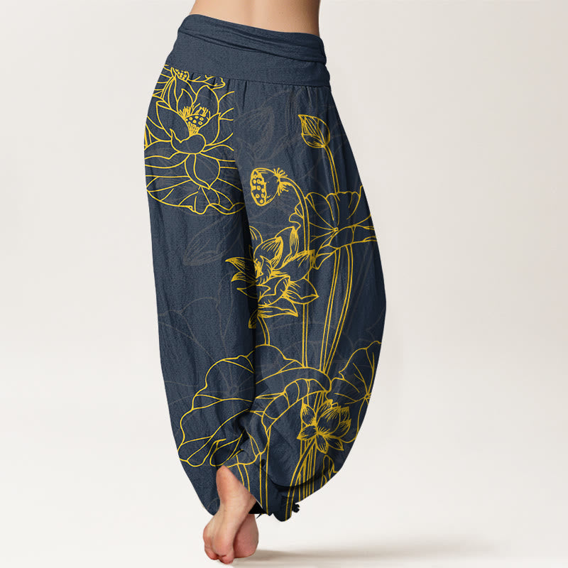 Pantalon harem pour femme en pur coton à taille élastique, motif concis de fleur de lotus et de bourgeon , Buddha Stones - image 6