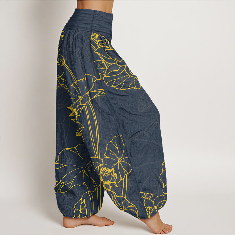 Pantalon harem pour femme en pur coton à taille élastique, motif concis de fleur de lotus et de bourgeon , Buddha Stones - image 7