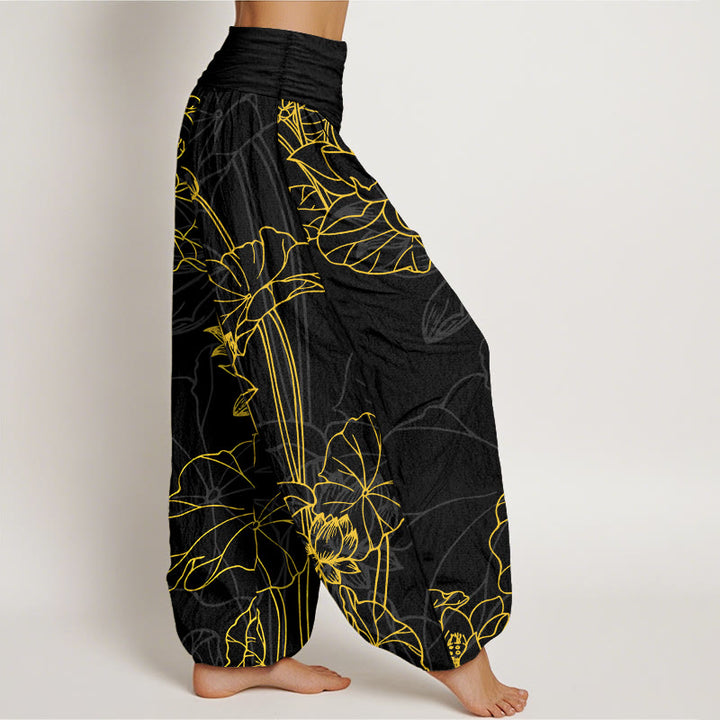 Pantalon harem pour femme en pur coton à taille élastique, motif concis de fleur de lotus et de bourgeon , Buddha Stones - image 10