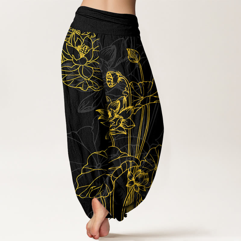 Pantalon harem pour femme en pur coton à taille élastique, motif concis de fleur de lotus et de bourgeon , Buddha Stones - image 9