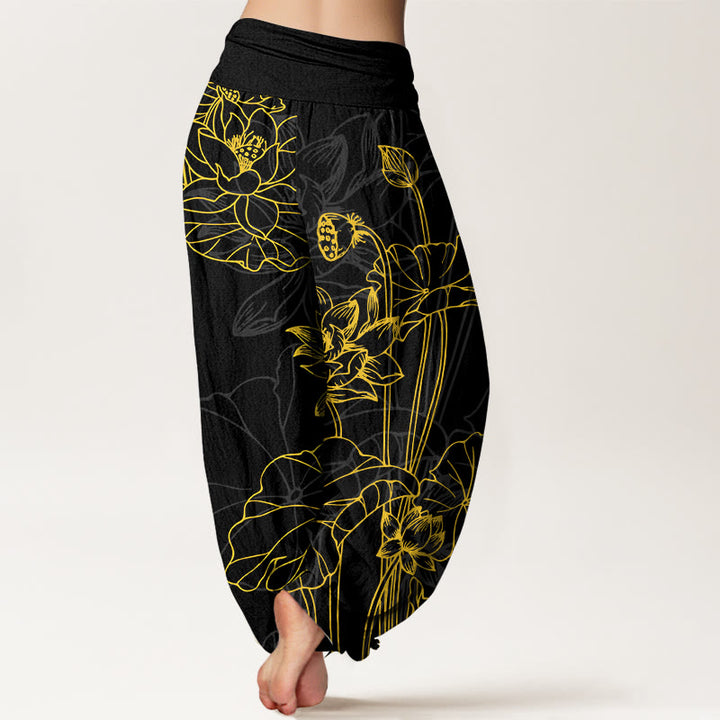 Pantalon harem pour femme en pur coton à taille élastique, motif concis de fleur de lotus et de bourgeon , Buddha Stones - image 9