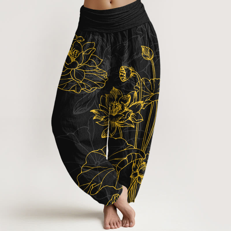 Pantalon harem pour femme en pur coton à taille élastique, motif concis de fleur de lotus et de bourgeon , Buddha Stones - Noir - US16，UK/AU20，EU48 (3XL) - image 8
