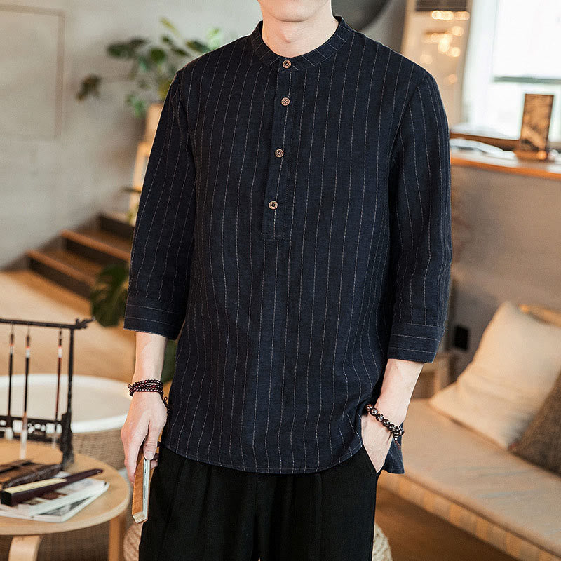 Chemise homme en lin à carreaux Buddha Stones, demi-boutons, col montant, manches trois-quarts, motif pierre de Bouddha - SteelBlue - US/UK/AU50，EU60 (5XL) - image 0