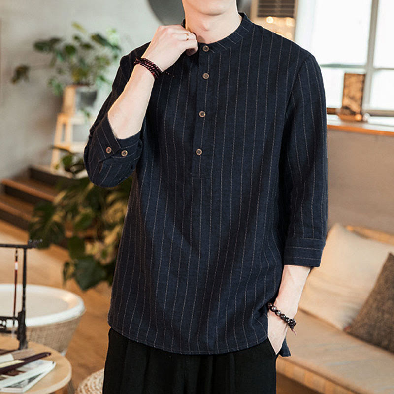 Chemise homme en lin à carreaux Buddha Stones, demi-boutons, col montant, manches trois-quarts, motif pierre de Bouddha - image 2