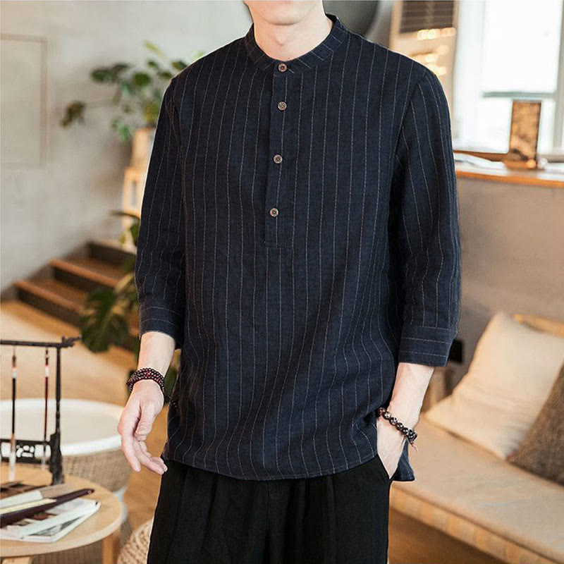 Chemise homme en lin à carreaux Buddha Stones, demi-boutons, col montant, manches trois-quarts, motif pierre de Bouddha - image 1