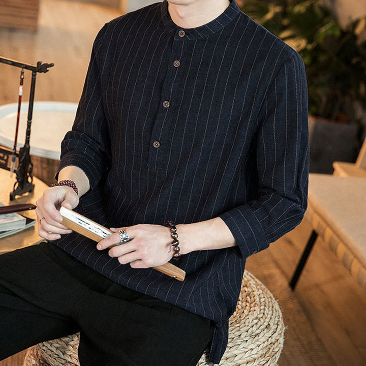 Chemise homme en coton à carreaux, demi-boutons, col montant, manches trois-quarts, Buddha Stones - image 7