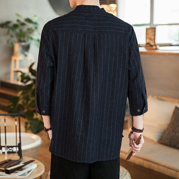 Chemise homme en coton à carreaux, demi-boutons, col montant, manches trois-quarts, Buddha Stones - image 3