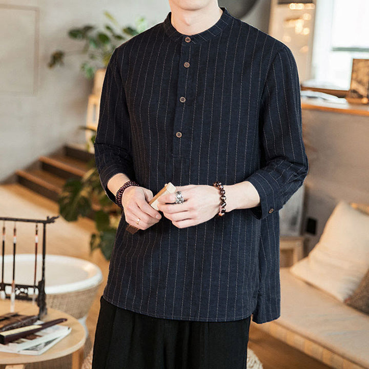 Chemise homme en lin à carreaux Buddha Stones, demi-boutons, col montant, manches trois-quarts, motif pierre de Bouddha - image 4