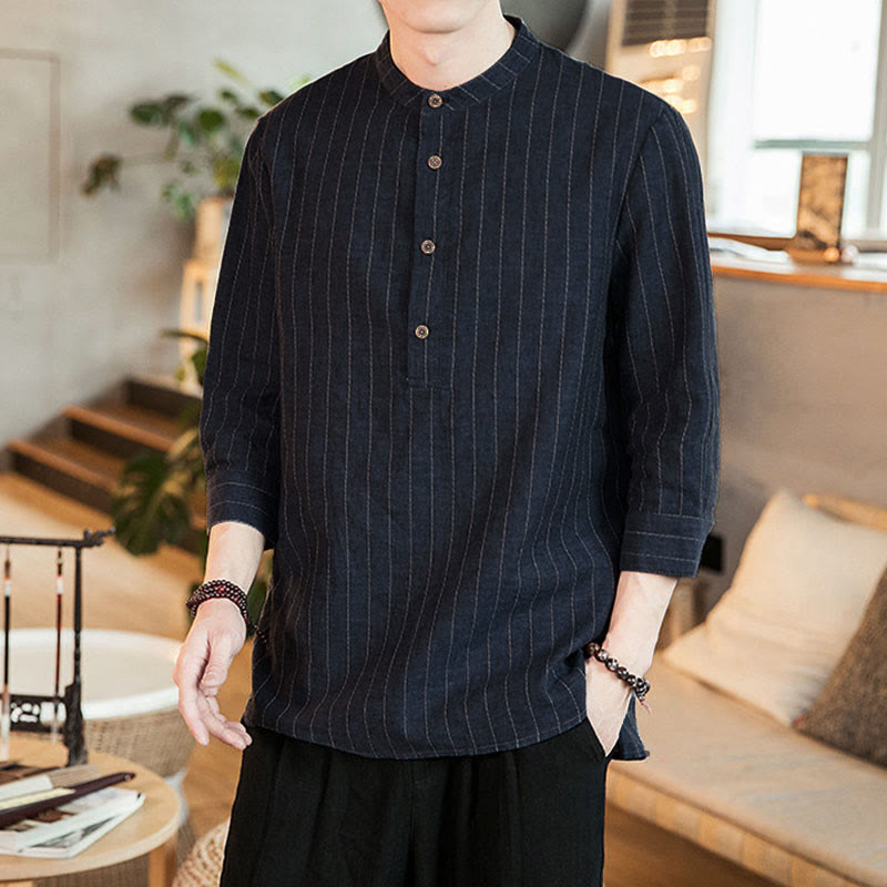 Chemise homme en lin à carreaux Buddha Stones, demi-boutons, col montant, manches trois-quarts, motif pierre de Bouddha - image 6