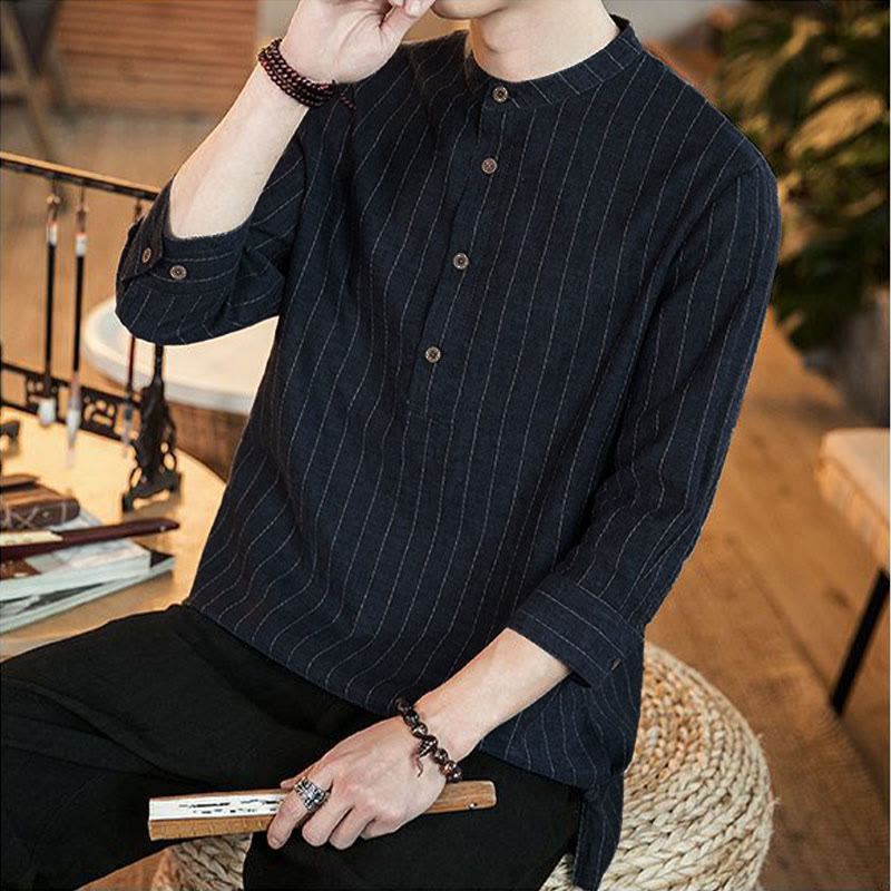 Chemise homme en coton à carreaux, demi-boutons, col montant, manches trois-quarts, Buddha Stones - image 8