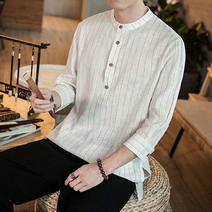 Chemise homme en coton à carreaux, demi-boutons, col montant, manches trois-quarts, Buddha Stones - image 16