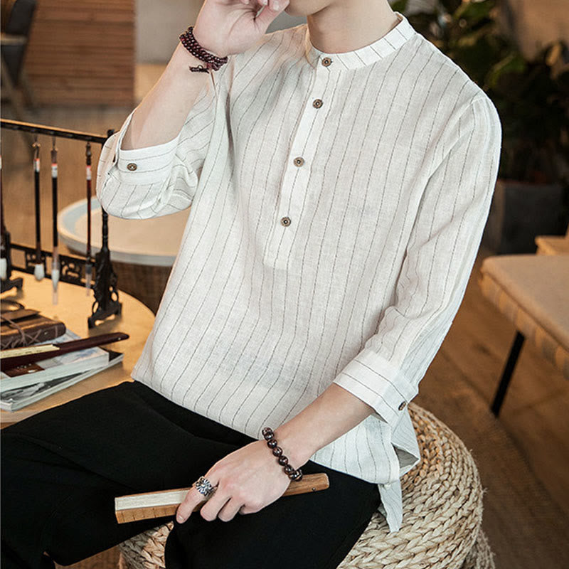 Chemise homme en lin à carreaux Buddha Stones, demi-boutons, col montant, manches trois-quarts, motif pierre de Bouddha - image 17