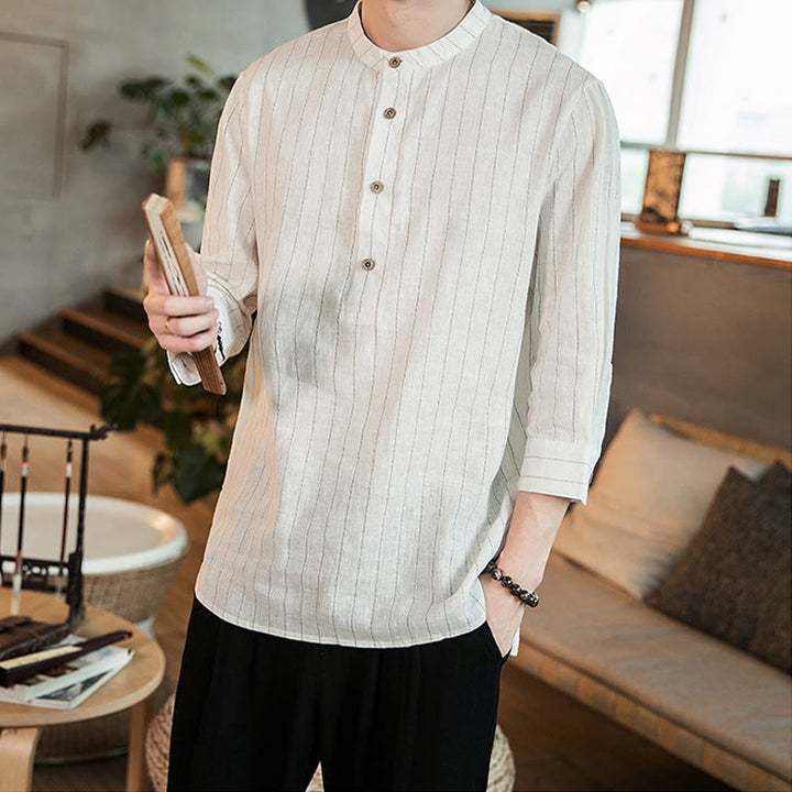 Chemise homme en coton à carreaux, demi-boutons, col montant, manches trois-quarts, Buddha Stones - image 15