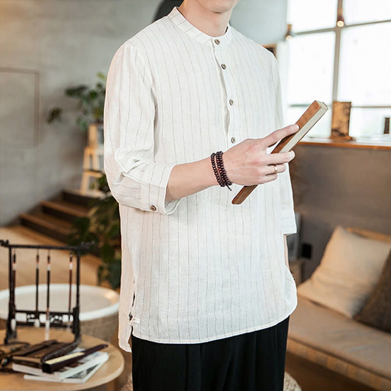 Chemise homme en lin à carreaux Buddha Stones, demi-boutons, col montant, manches trois-quarts, motif pierre de Bouddha - image 13