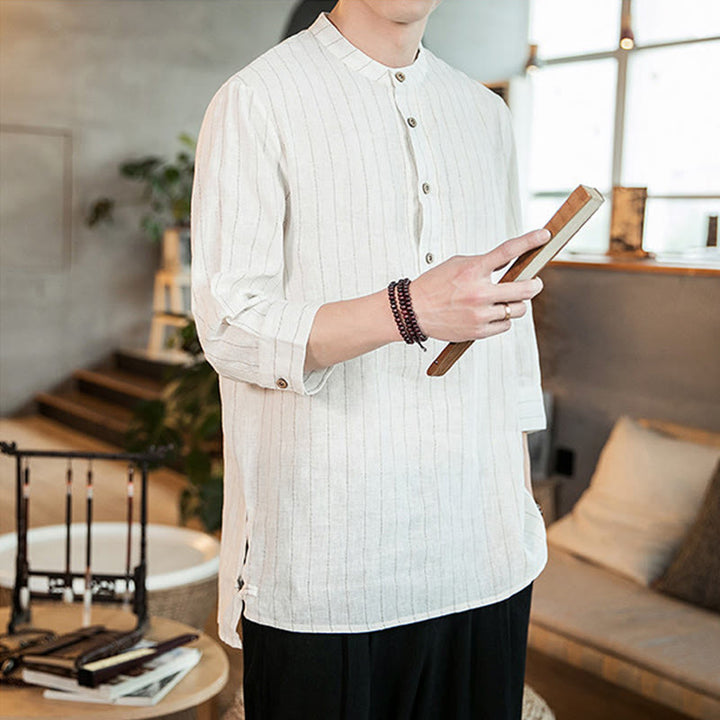 Chemise homme en lin à carreaux Buddha Stones, demi-boutons, col montant, manches trois-quarts, motif pierre de Bouddha - image 13