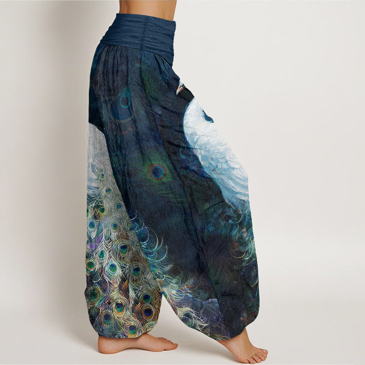 Pantalon harem pour femme en pur coton à motif paon et taille élastique , Buddha Stones - image 2