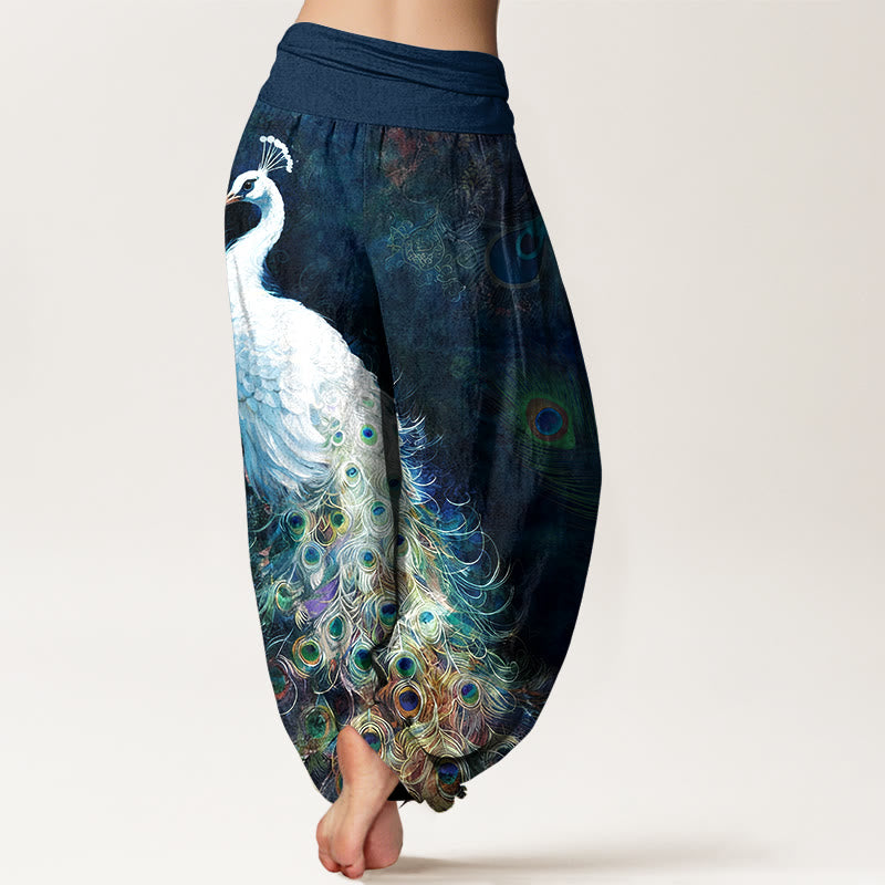 Pantalon harem pour femme en pur coton à motif paon et taille élastique , Buddha Stones - image 1