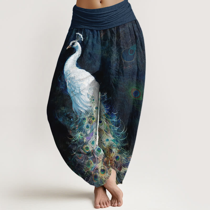 Pantalon harem pour femme en pur coton à motif paon et taille élastique , Buddha Stones - Bleu nuit - US16，UK/AU20，EU48 (3XL) - image 0