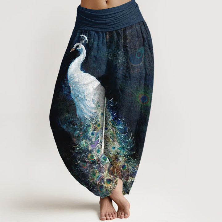 Pantalon harem pour femme en pur coton à motif paon et taille élastique , Buddha Stones - Bleu nuit - US16，UK/AU20，EU48 (3XL) - image 0
