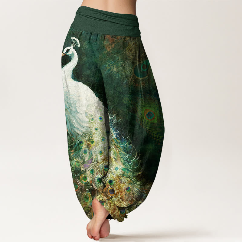 Pantalon harem pour femme en pur coton à motif paon et taille élastique , Buddha Stones - image 6