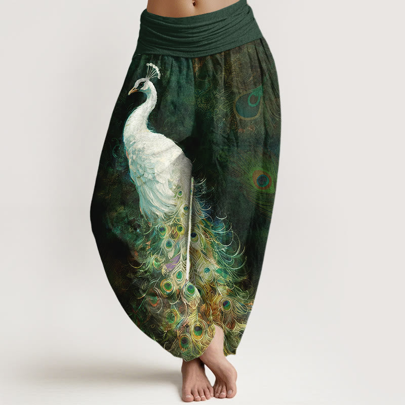 Pantalon harem pour femme en pur coton à motif paon et taille élastique , Buddha Stones - Vert foncé - US16，UK/AU20，EU48 (3XL) - image 5