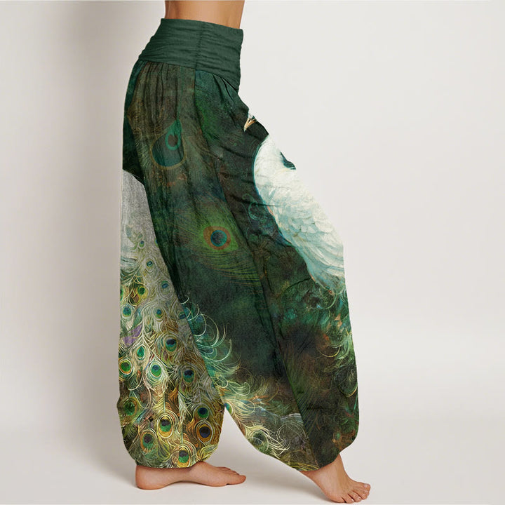 Pantalon harem pour femme en pur coton à motif paon et taille élastique , Buddha Stones - image 7