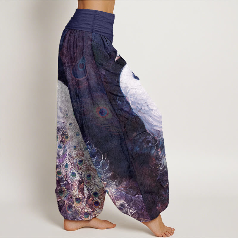 Pantalon harem pour femme en pur coton à motif paon et taille élastique , Buddha Stones - image 10