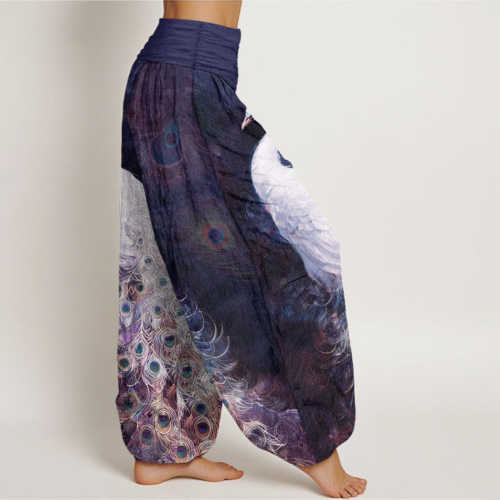 Pantalon harem pour femme en pur coton à motif paon et taille élastique , Buddha Stones - image 10