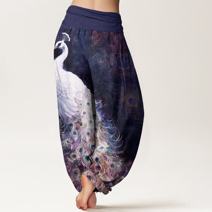 Pantalon harem pour femme en pur coton à motif paon et taille élastique , Buddha Stones - image 9